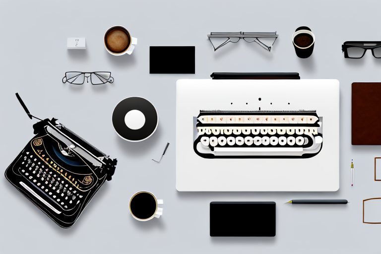 A desk with a variety of tools such as a typewriter