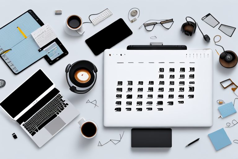 A desk with various tools such as a laptop