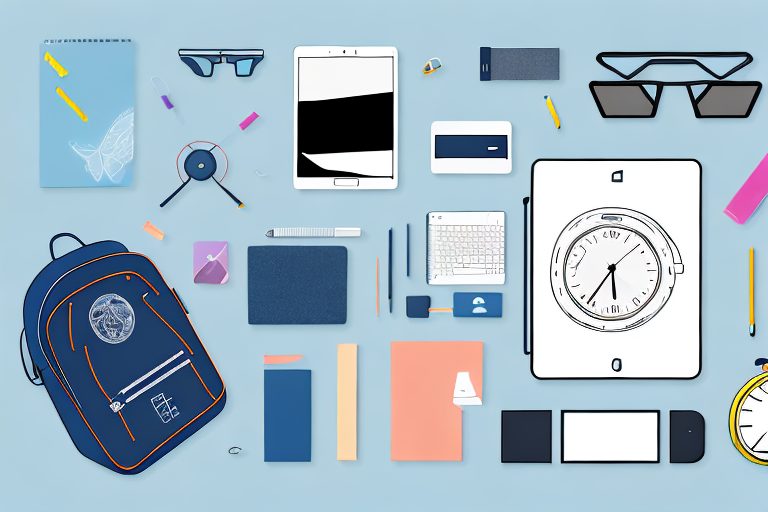 A school backpack overflowing with various productivity tools such as a laptop