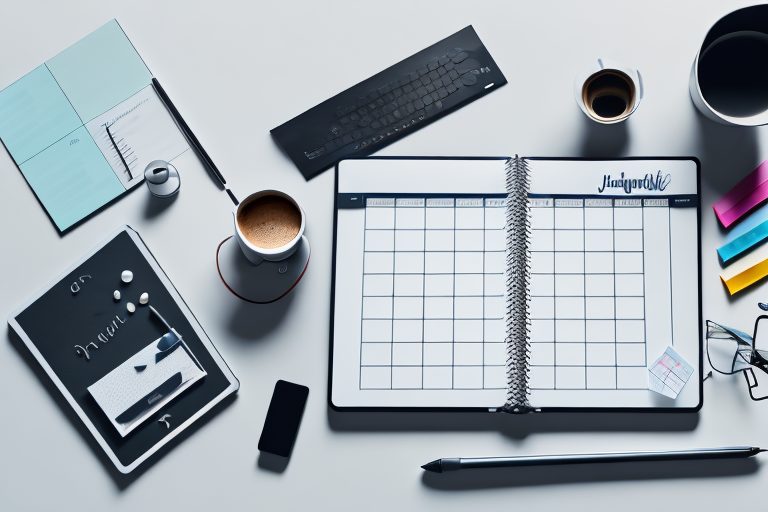 A desk featuring various productivity tools such as a calendar