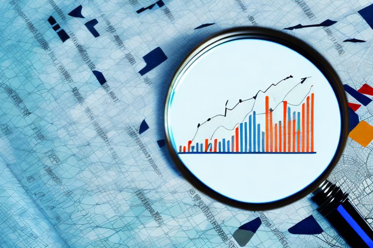 A magnifying glass hovering over a map with symbolic icons representing accounting tools and financial charts