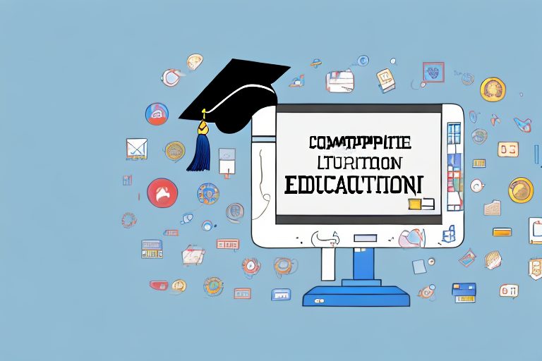 A computer with various education-themed icons (like a book