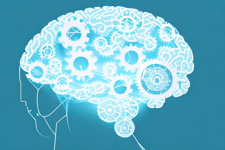 A digital brain intertwined with business-related icons such as graphs and gears