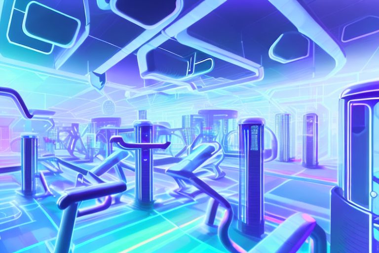 A futuristic gym setting with ai machines and advanced technology